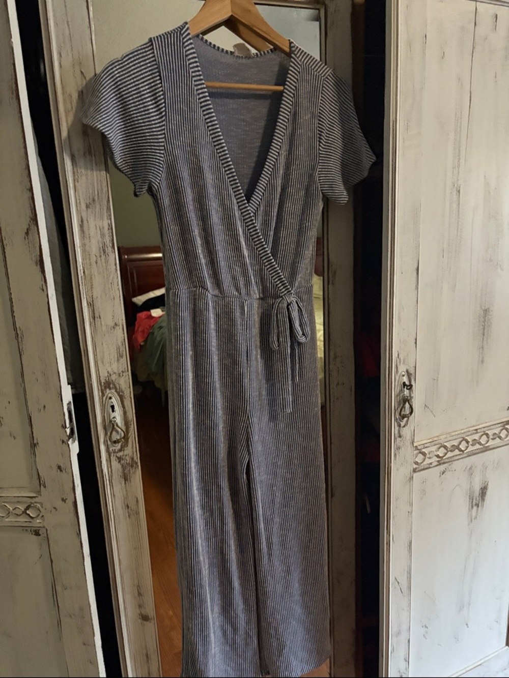 Caution To The Wind Gray Striped Wrap Jumpsuit